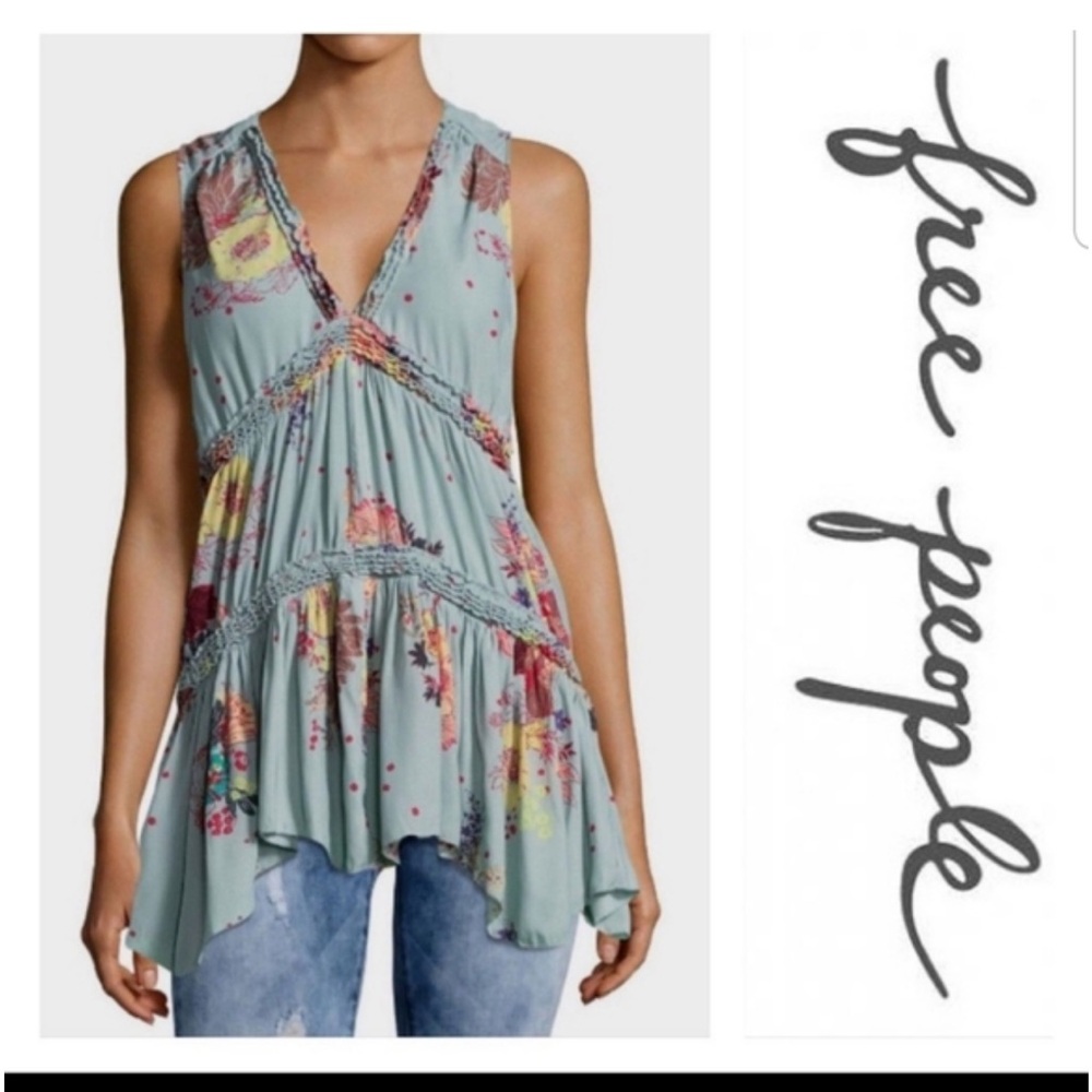 Free People Floral V-Neck Blouse in Blue and Pink